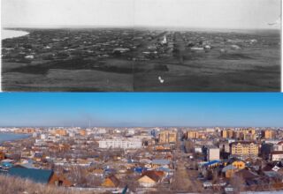 Панорама Кокшетау 1890 - 2020. Снято в марте- апреле 1890 и 31 марта 2020. Старался выбрать то же место и тот же ракурс.