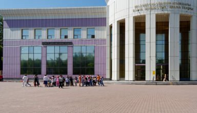 Фотопрогулка по улицам города. Часть 3. Здание, площадь и парк у музыкально-драматического театра им. Ш. Кусаинова. Самая большая "Домбра", сквер у краеведческого музея, областной акимат и, редкий кадр - Ермек Боранбаевич Маржикпаев в городе ). Много ракурсов в коллекцию. 14 июня 2023.