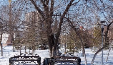 Городской парк. Всё ещё спит после зимы. Памятник Ленину, Героям гражданской войны, пустые, заснеженные лавочки. Много ракурсов в коллекцию. 10 марта 2024.