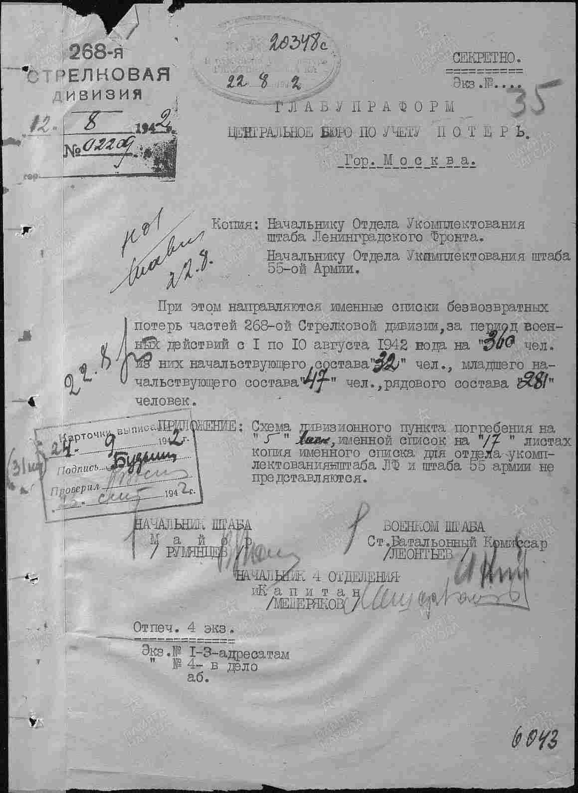 Именные списки безвозвратных потерь частей 268-ой Стрелковой дивизии за период военных действий с 1 по 10 августа 1942 года. Центральный архив Министерства обороны Российской Федерации (ЦАМО РФ).