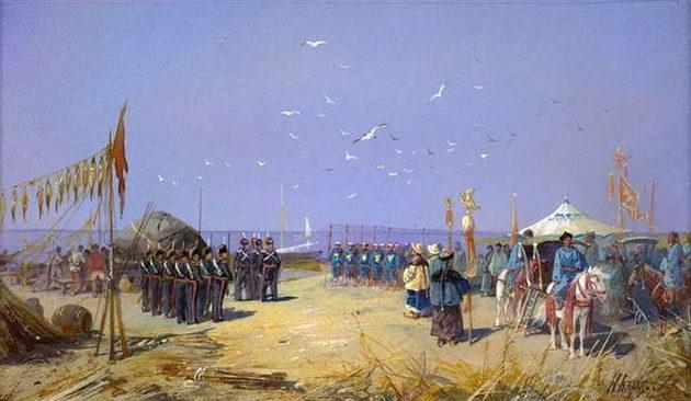 Сибирские казаки с китайцами. Художник Каразин Николай Николаевич (1842-1908). Сибирский альбом акварелей Н.Н. Каразина, созданный в качестве подарка будущему царю Николаю II в 1891 г. Из фондов Омской государственной областной научной библиотеки имени А. С. Пушкина.