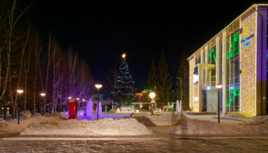 Во второй части новогодние украшения на улицах Борового от Визит-центра до кольцевой развязки. Очень красивая ёлка и вся территория Визит-центра Бурабай, огоньки отелей, школа, улица в центре села, грандиозный отель Windham Garden. 11 января 2026.
