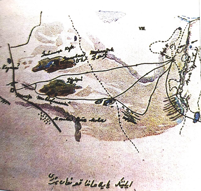 Дорога от Таволжанского (слева) до Кунтимеса (справа). Зимовье Кунтимес обозначено «біздің үй» – в переводе на русский язык – «наш дом». Акварель Чокана Валиханова. 1852. Источник: https://pkzsk.info