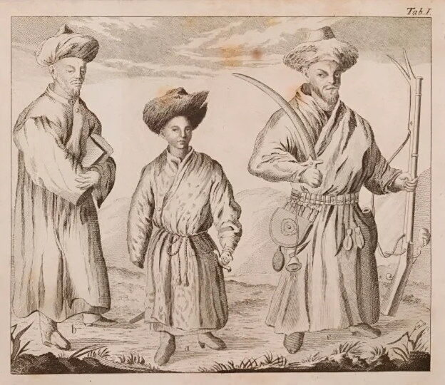 Джон Касл. Султан Ералы, бухарский акын и главный слуга Кудер батыр в полном вооружении. Иллюстрация из книги «Дневник путешествия в году 1736-м из Оренбурга к Абулхаиру, хану Киргиз-Кайсацкой Орды». Фото из интернет.