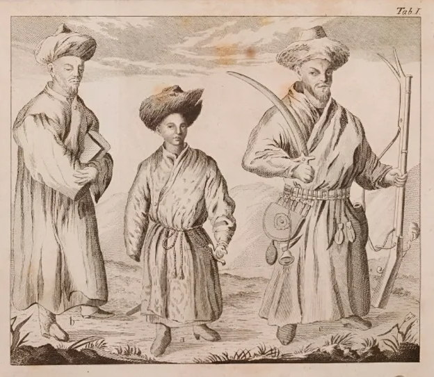 Джон Касл. Султан Ералы, бухарский акын и главный слуга Кудер батыр в полном вооружении. Иллюстрация из книги «Дневник путешествия в году 1736-м из Оренбурга к Абулхаиру, хану Киргиз-Кайсацкой Орды». Фото из интернет.