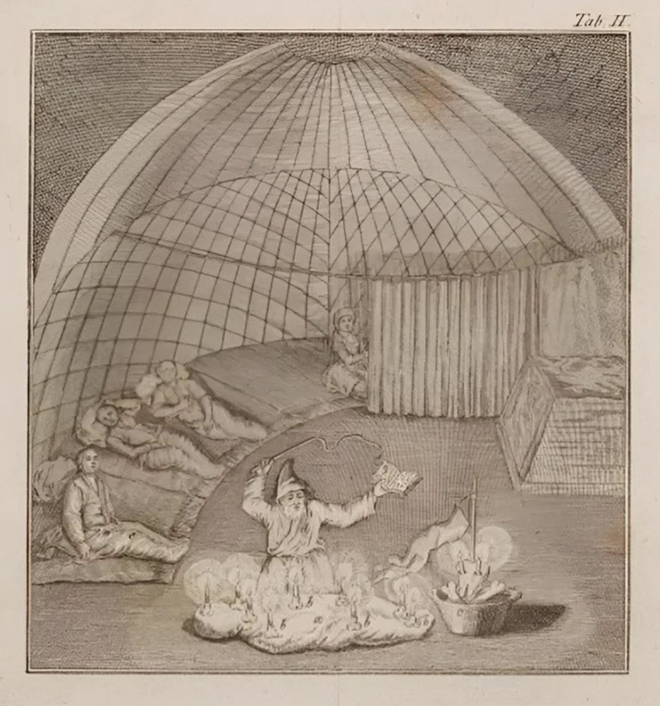 Джон Касл. Ночное колдовство по случаю приезда Касла: автор с двумя переводчиками и хозяева юрты. Иллюстрация из книги «Дневник путешествия в году 1736-м из Оренбурга к Абулхаиру, хану Киргиз-Кайсацкой Орды». Фото из интернет.