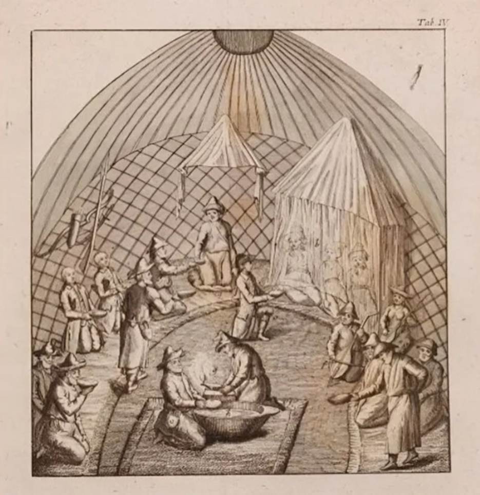 Джон Касл. Аудиенция Касла у жены хана, которой он передает подарки. «Дневник путешествия в году 1736-м из Оренбурга к Абулхаиру, хану Киргиз-Кайсацкой Орды». Фото из интернет.