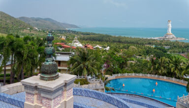 В завершение тура по буддийским храмам обед высоко в горах в хорошем специализированном ресторане в отеле без названия. Отличные виды на большого Будду. 10 апреля 2026.